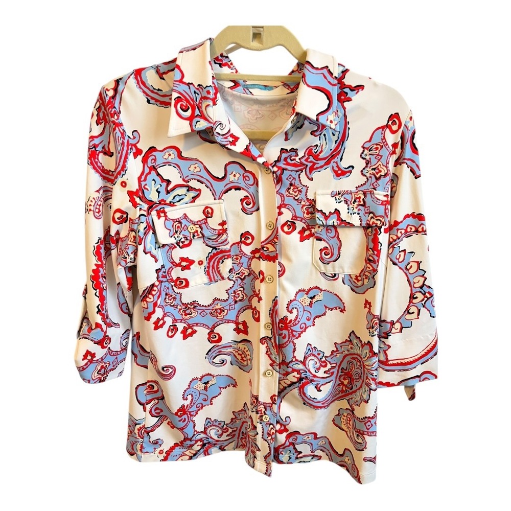 J. McLaughlin Red and Blue Paisley Blouse
Bust 20.5
Length 24